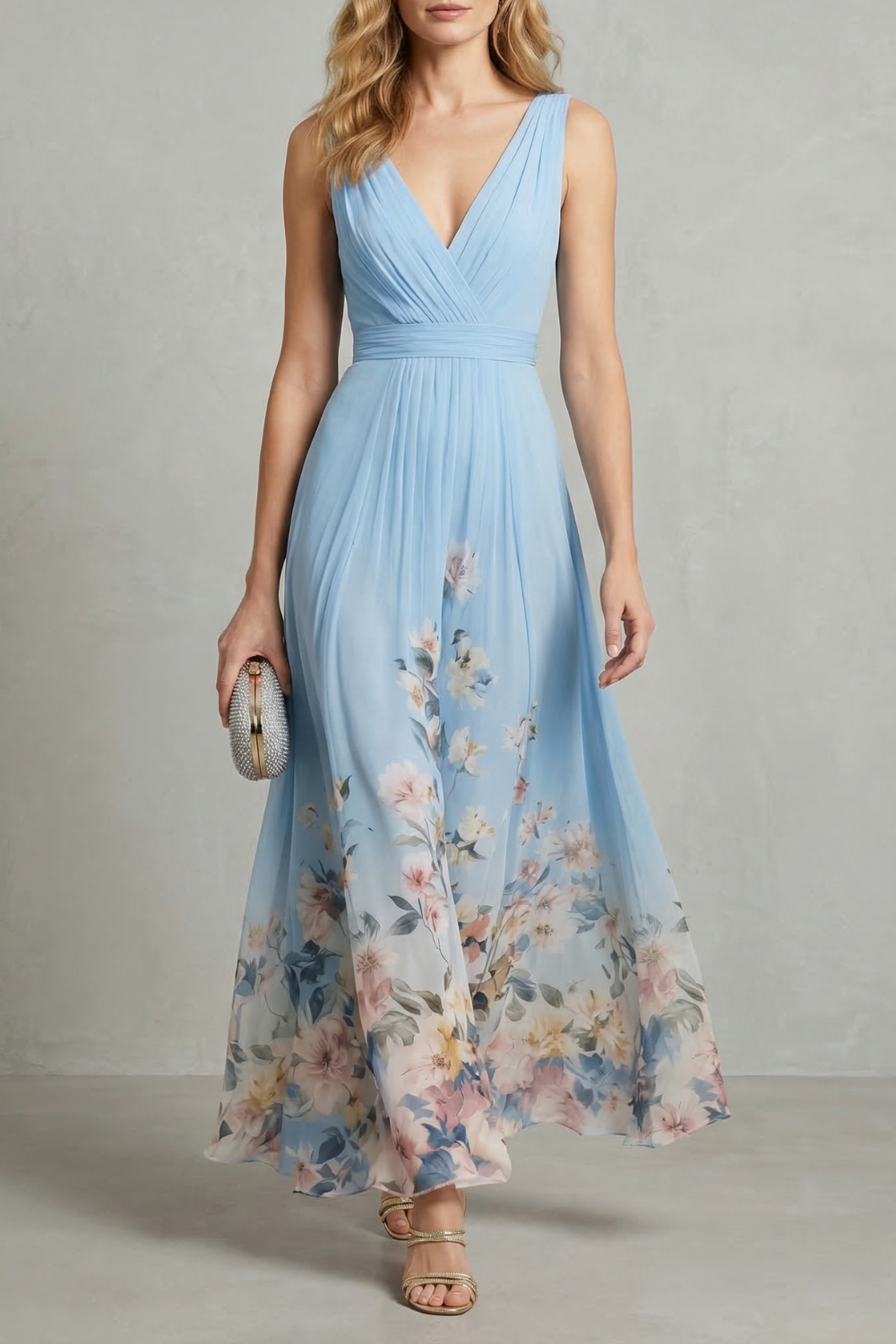 Florales Chiffon Maxikleid V-Ausschnitt Pastellfarben