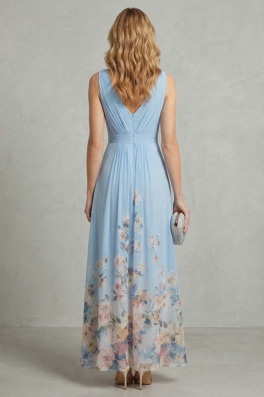 Florales Chiffon Maxikleid V-Ausschnitt Pastellfarben - Image 4