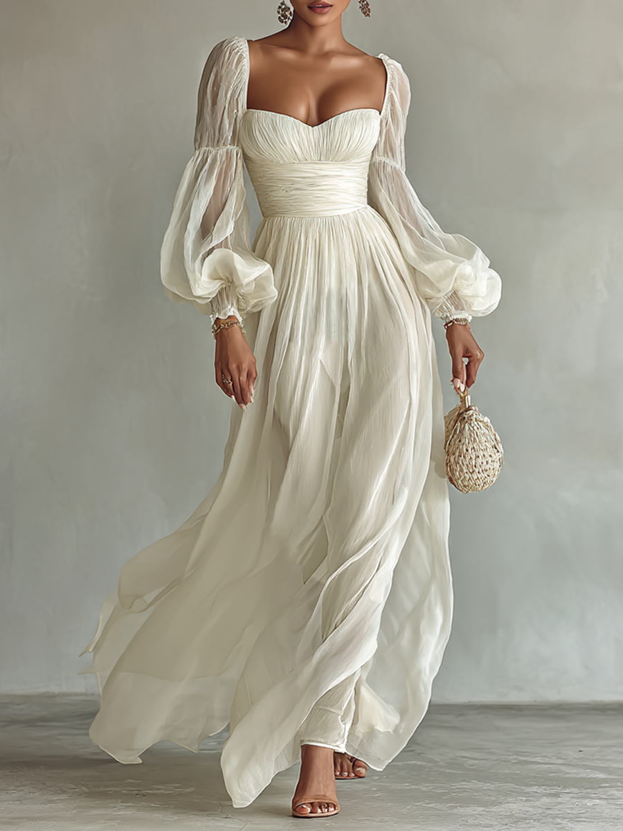 Damen Chiffon Maxikleid quadratischer Ausschnitt Langarm