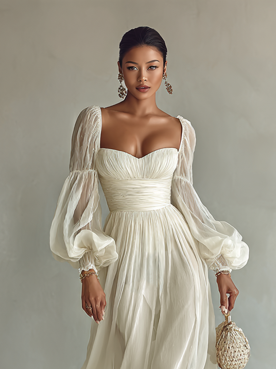 Damen Chiffon Maxikleid quadratischer Ausschnitt Langarm - Image 2