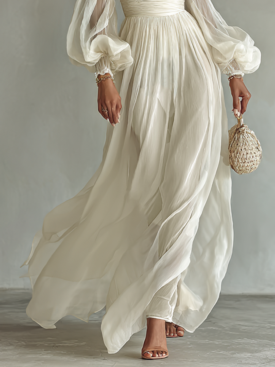 Damen Chiffon Maxikleid quadratischer Ausschnitt Langarm - Image 3