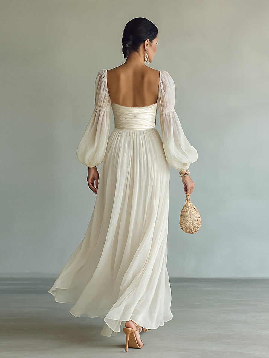 Damen Chiffon Maxikleid quadratischer Ausschnitt Langarm - Image 5