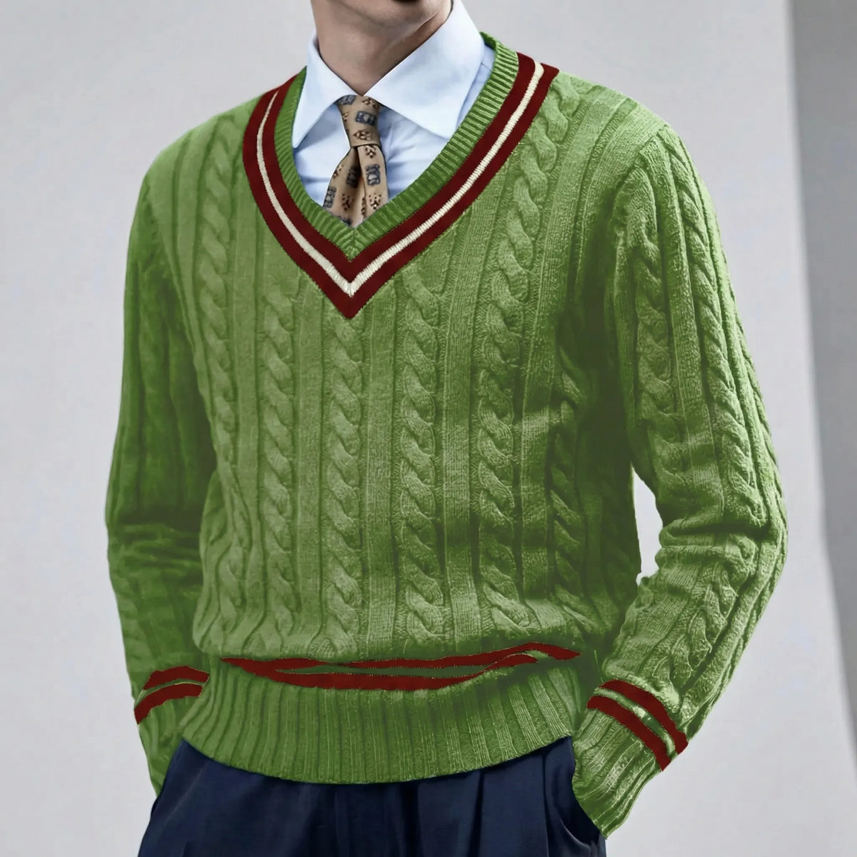 Herren Slim Fit Pullover V-Ausschnitt Zopfmuster - Image 5