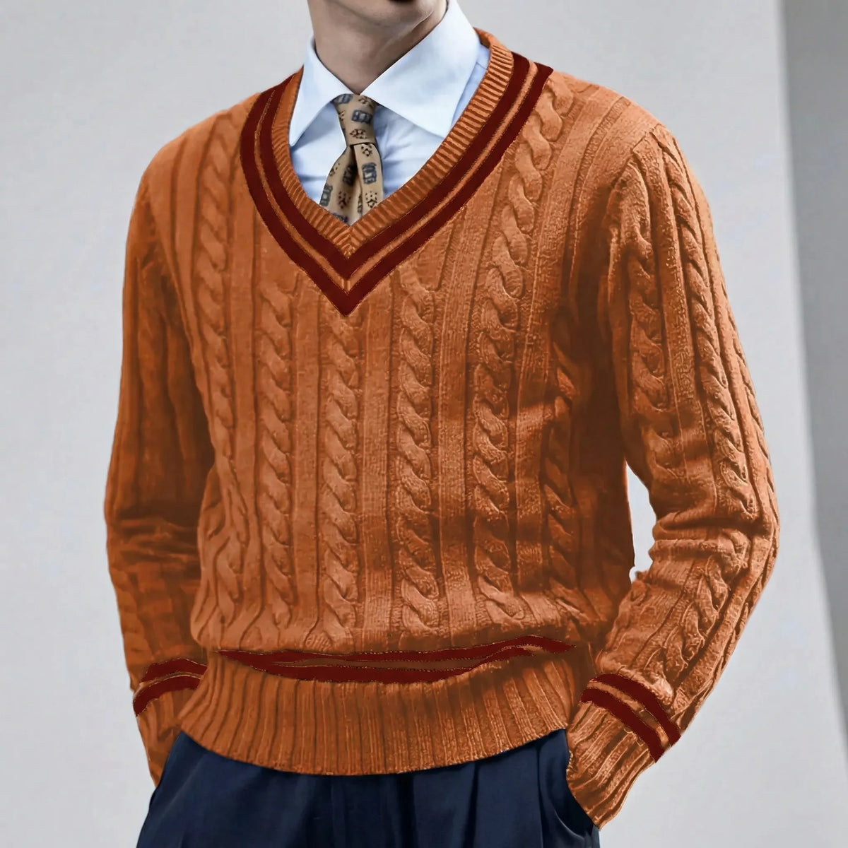 Herren Slim Fit Pullover V-Ausschnitt Zopfmuster - Image 6