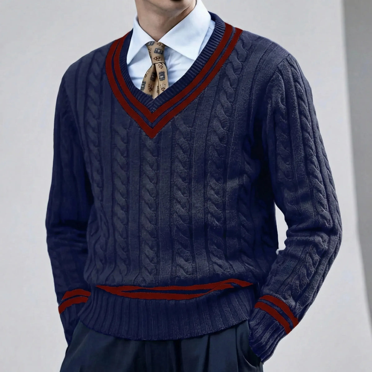Herren Slim Fit Pullover V-Ausschnitt Zopfmuster - Image 7