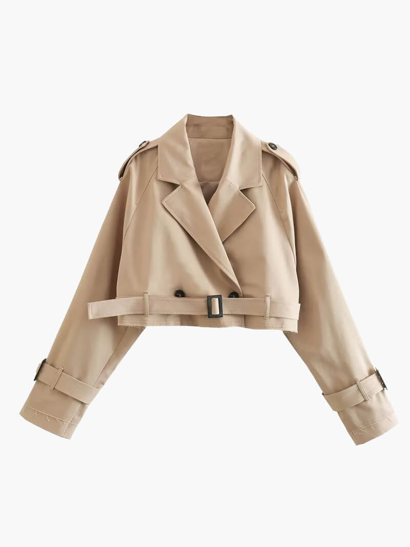 Damen Cropped Trenchcoat Gabardine Doppelreihig mit Gürtel
