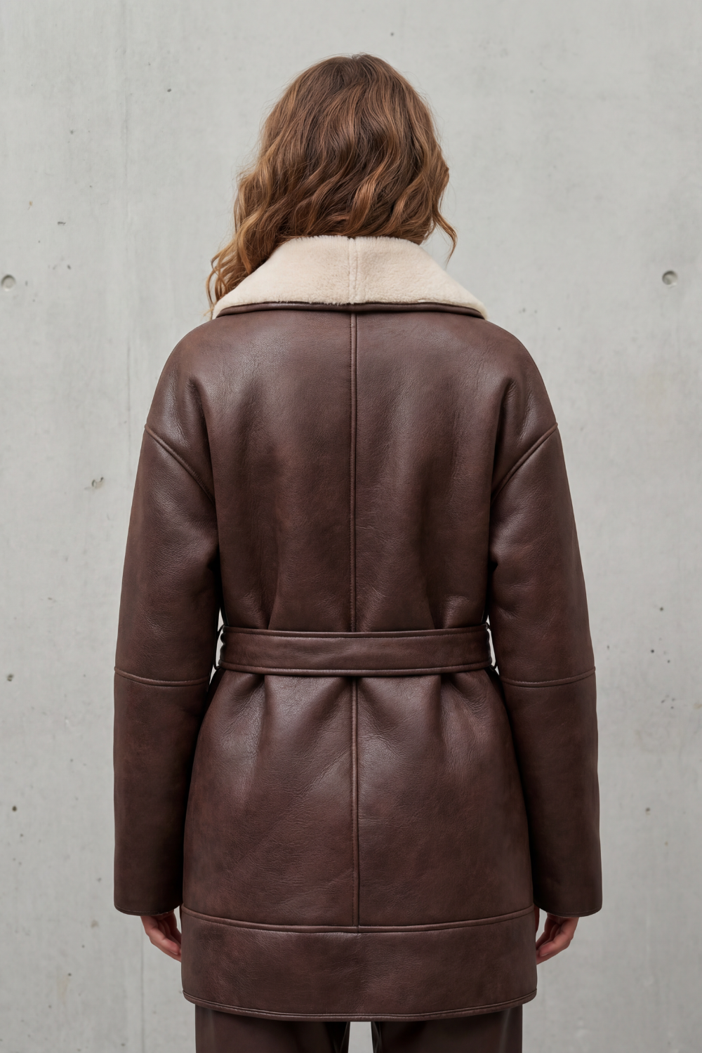 Damen Kunstleder Wickelmantel Oversize Fleece Gürtel - Image 4