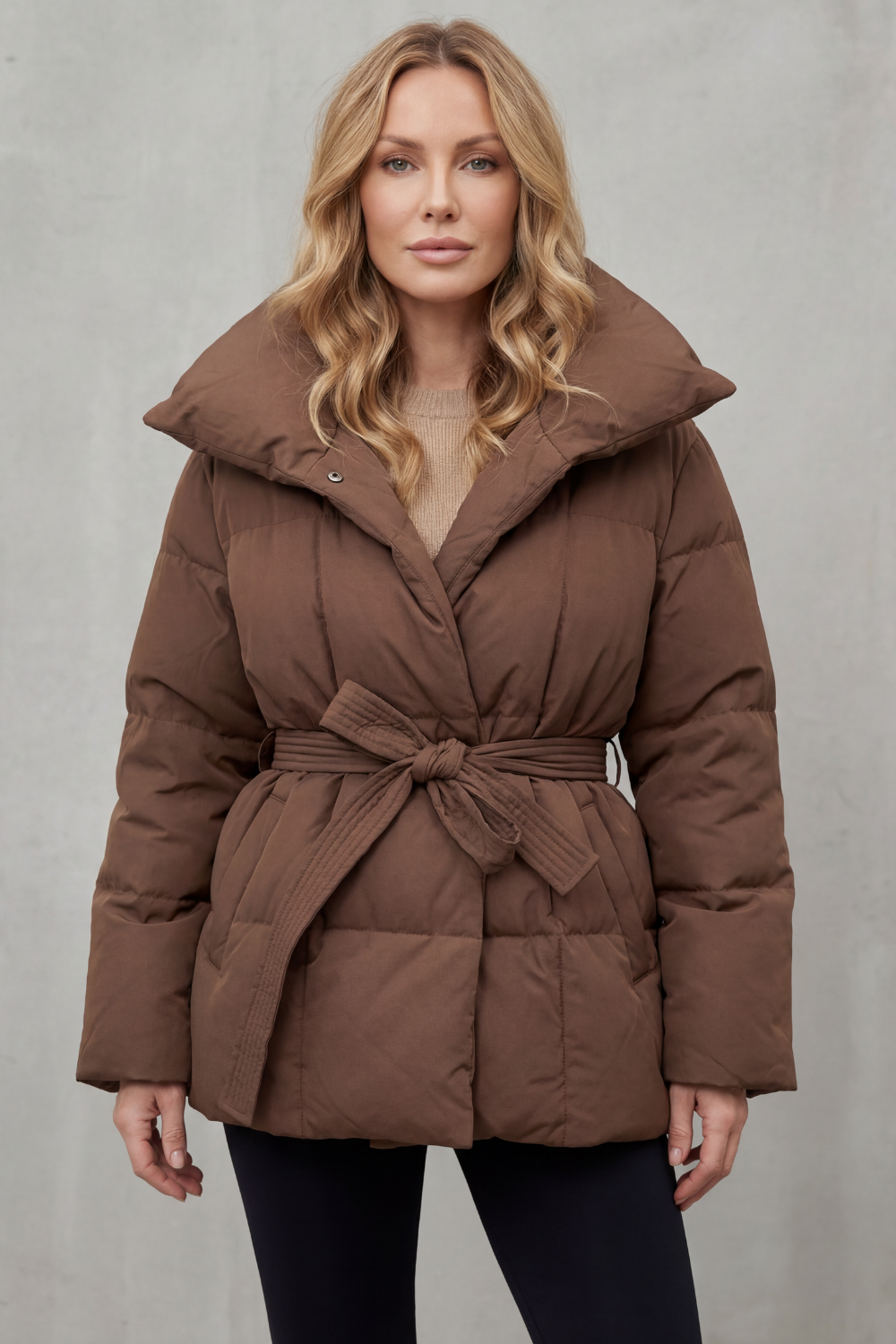 Damen Pufferjacke Gürtel Oversize Kragen Steppmantel - Image 2