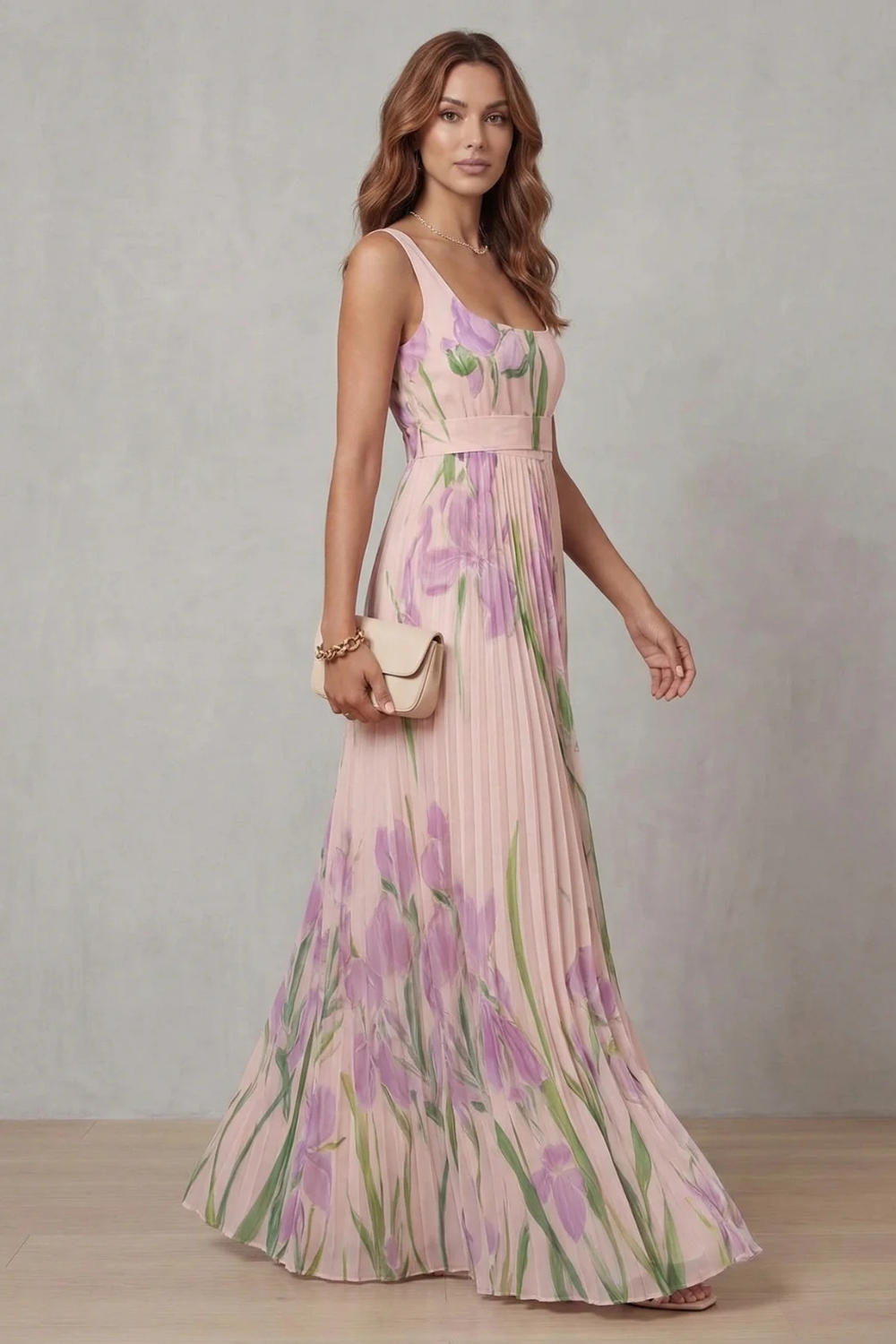 Damen Maxikleid Blumenmuster Plissee Wasserfarben Floral - Image 3