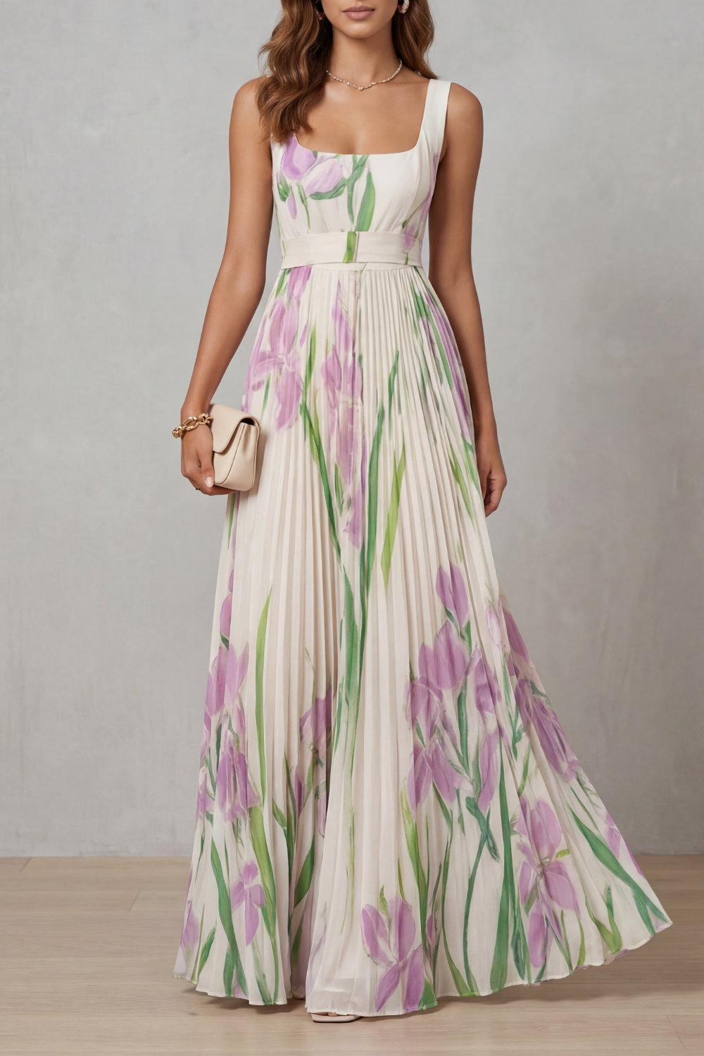 Damen Maxikleid Blumenmuster Plissee Wasserfarben Floral - Image 11