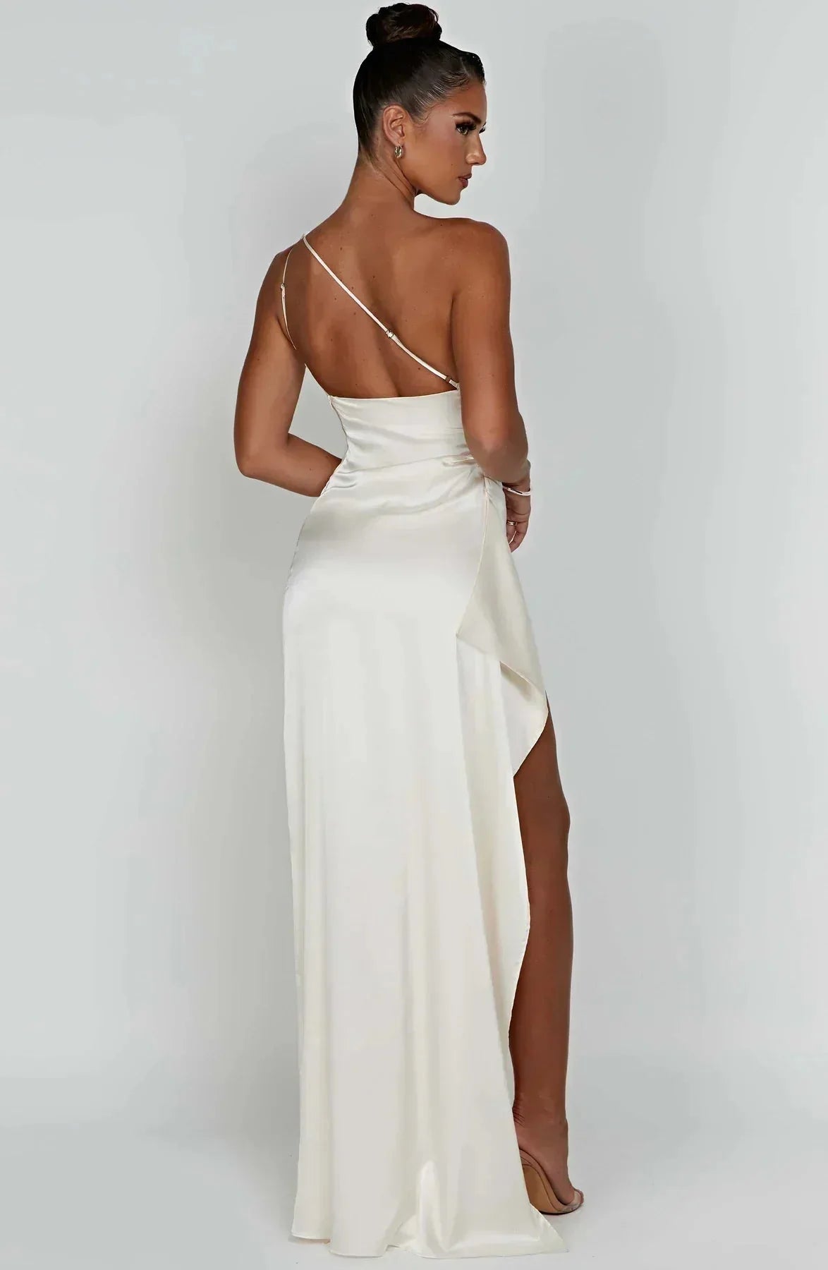 Damen Ein-Schulter Abendkleid Maxikleid hoher Schlitz drapiert - Image 12