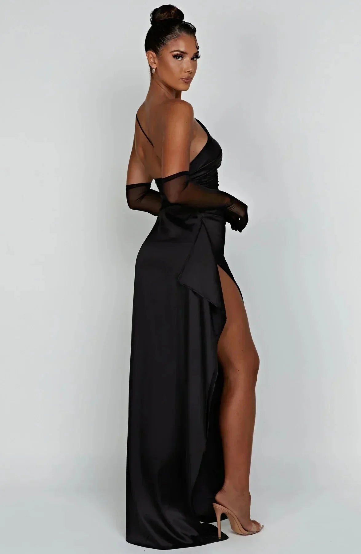 Damen Ein-Schulter Abendkleid Maxikleid hoher Schlitz drapiert - Image 19