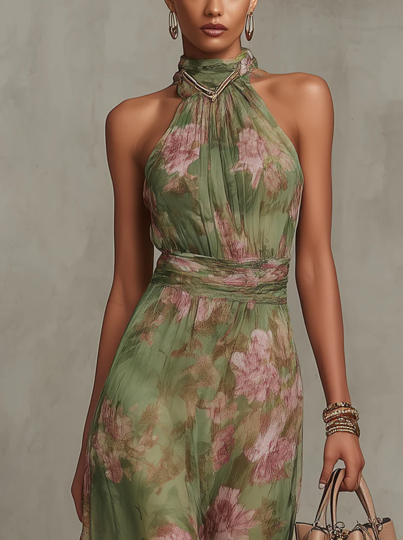 Damen Neckholder Blumen Maxikleid lang ärmellos - Image 3