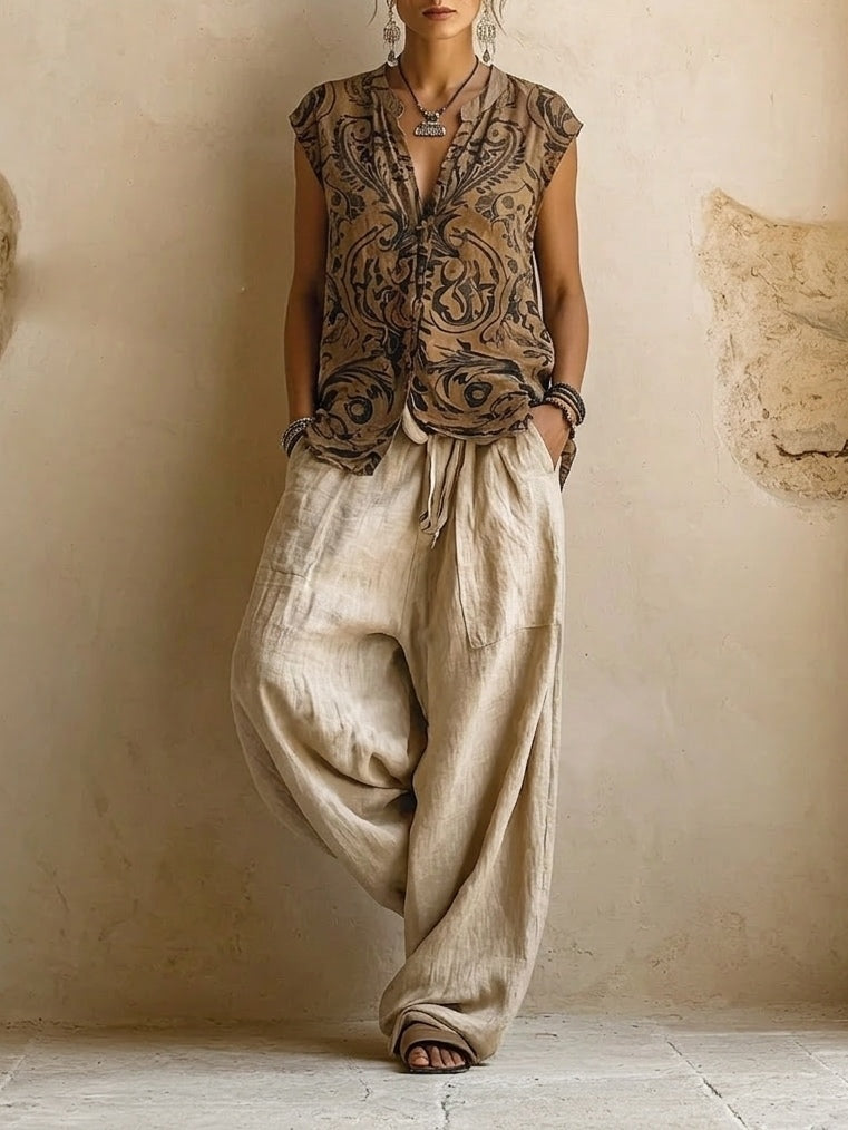 Damen Leinen Dreiteiler Set Cardigan Weite Hose - Image 3