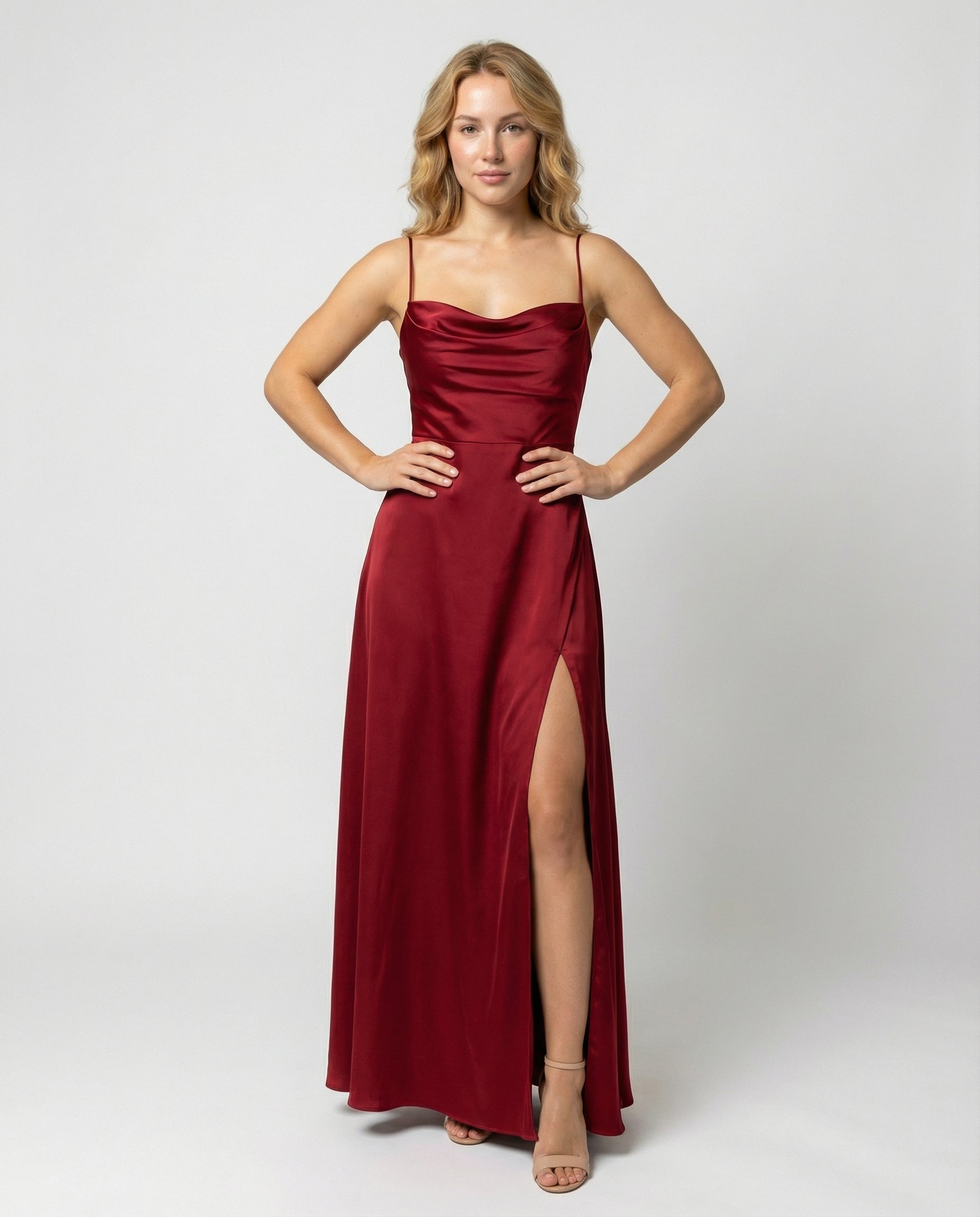 Damen Satin Wasserfallausschnitt Abend Maxikleid