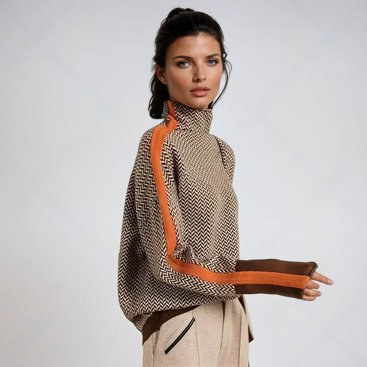 Damen Strickpullover Kontraststreifen Stehkragen