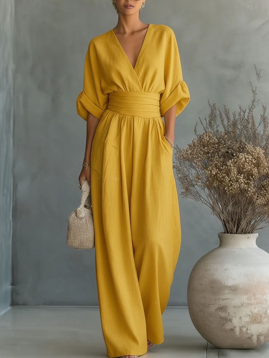 Women Flowy V Neck Wide Leg Jumpsuit - Image 5
