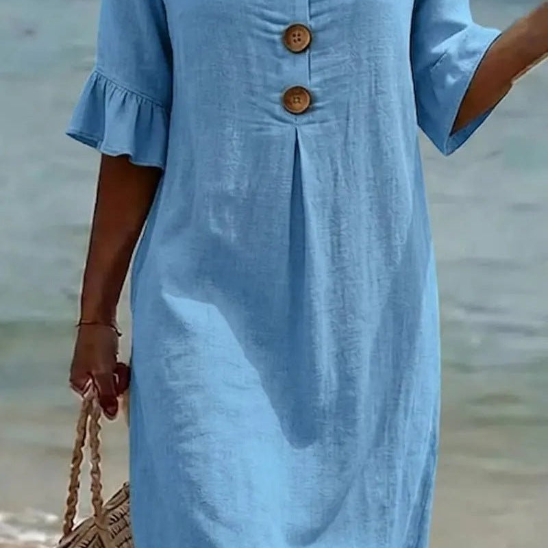 Women Linen Blend Loose Midi Dress Button Front Short Sleeve - Image 3
