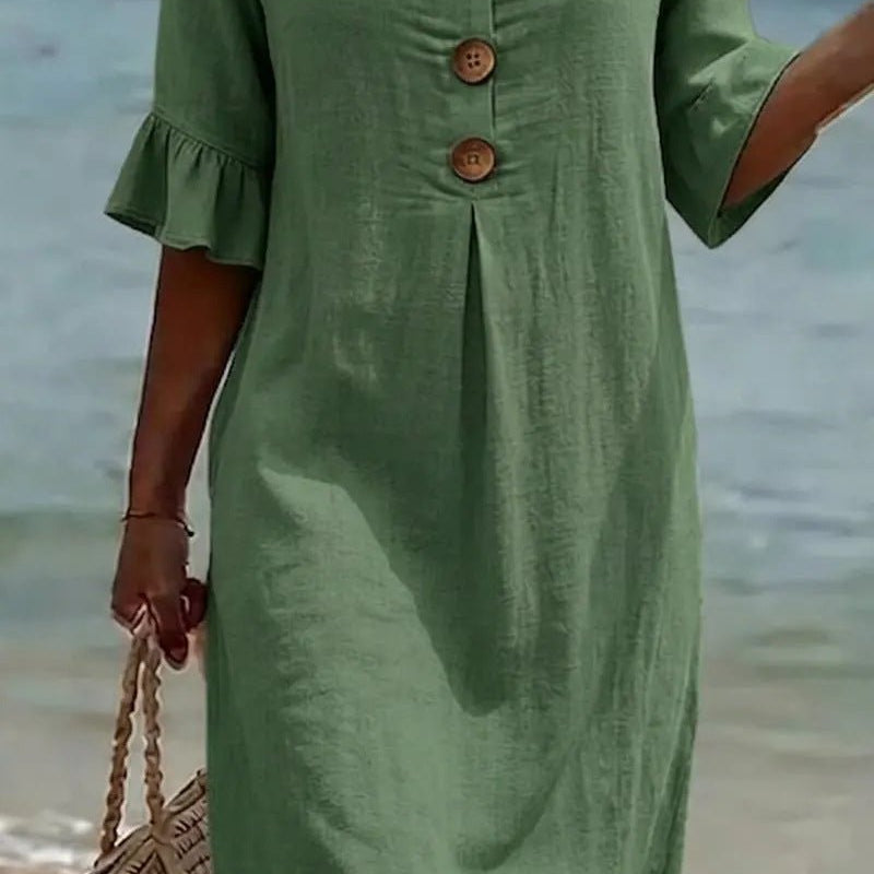 Women Linen Blend Loose Midi Dress Button Front Short Sleeve - Image 5