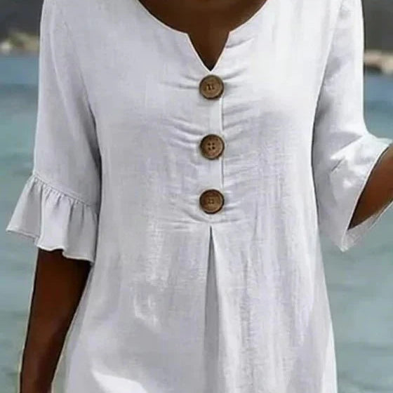 Women Linen Blend Loose Midi Dress Button Front Short Sleeve - Image 10