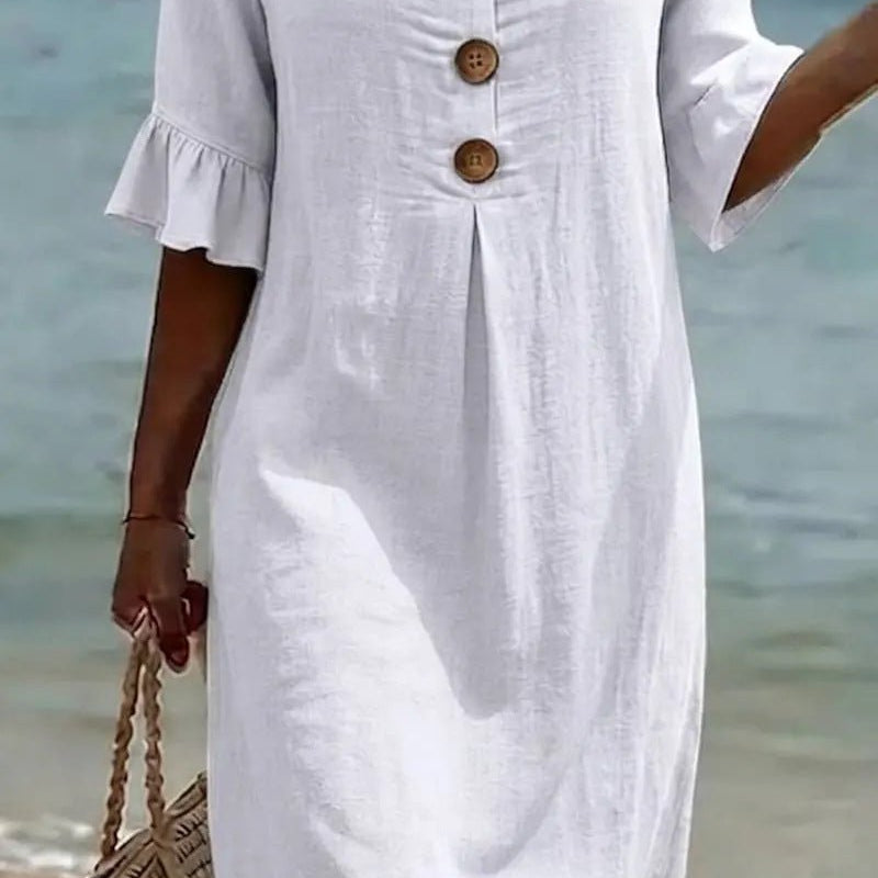 Women Linen Blend Loose Midi Dress Button Front Short Sleeve