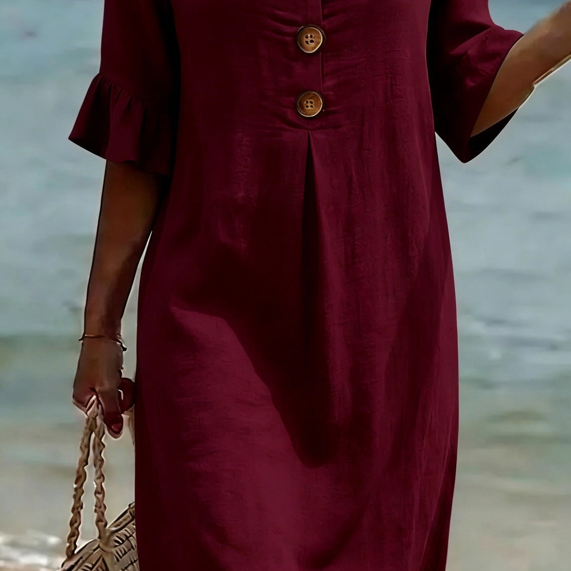 Women Linen Blend Loose Midi Dress Button Front Short Sleeve - Image 8
