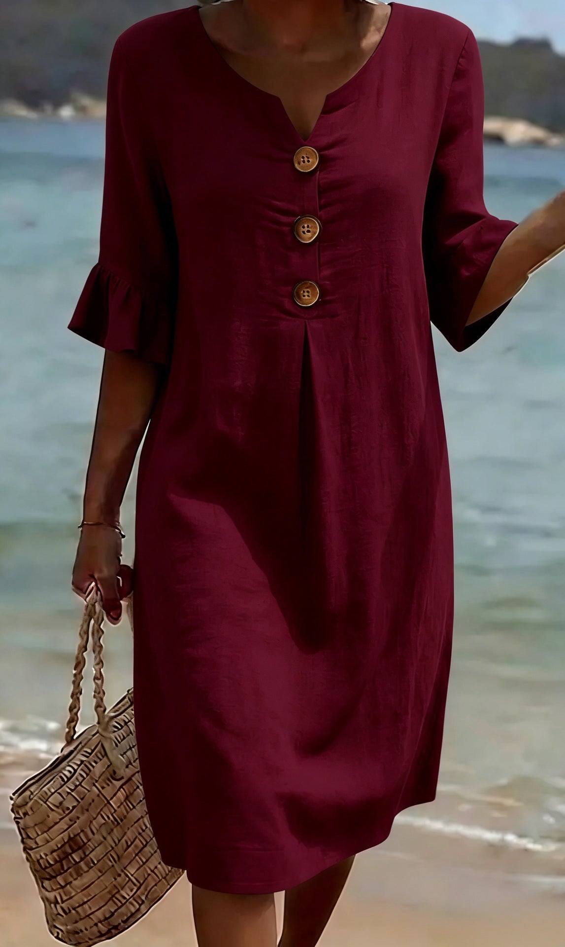 Women Linen Blend Loose Midi Dress Button Front Short Sleeve - Image 8