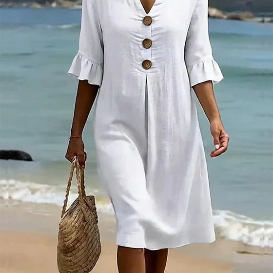 Women Linen Blend Loose Midi Dress Button Front Short Sleeve - Image 9