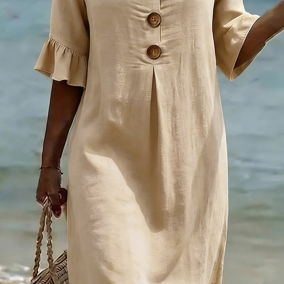 Women Linen Blend Loose Midi Dress Button Front Short Sleeve - Image 7