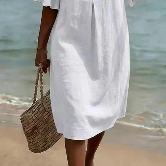 Women Linen Blend Loose Midi Dress Button Front Short Sleeve - Image 11