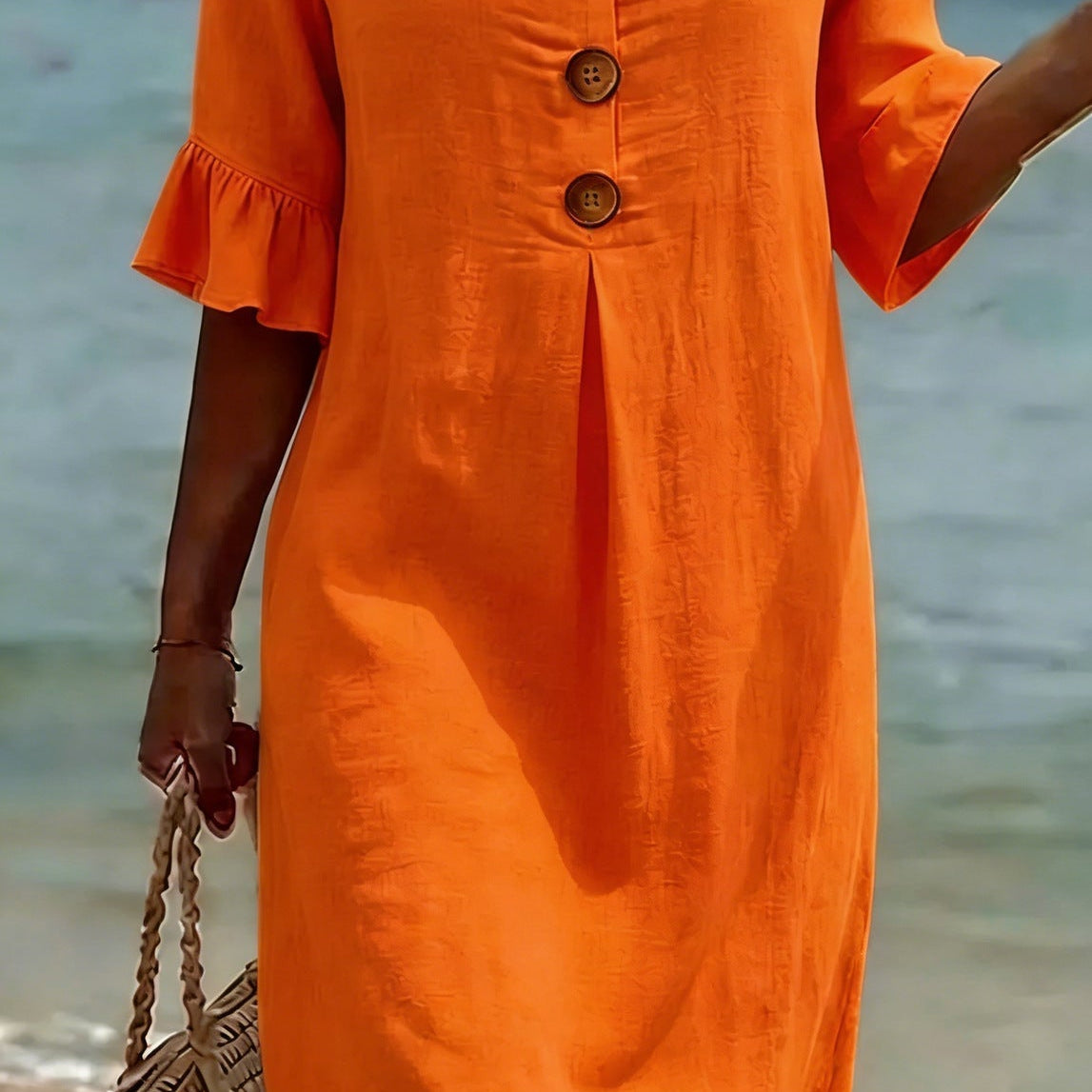 Women Linen Blend Loose Midi Dress Button Front Short Sleeve - Image 6
