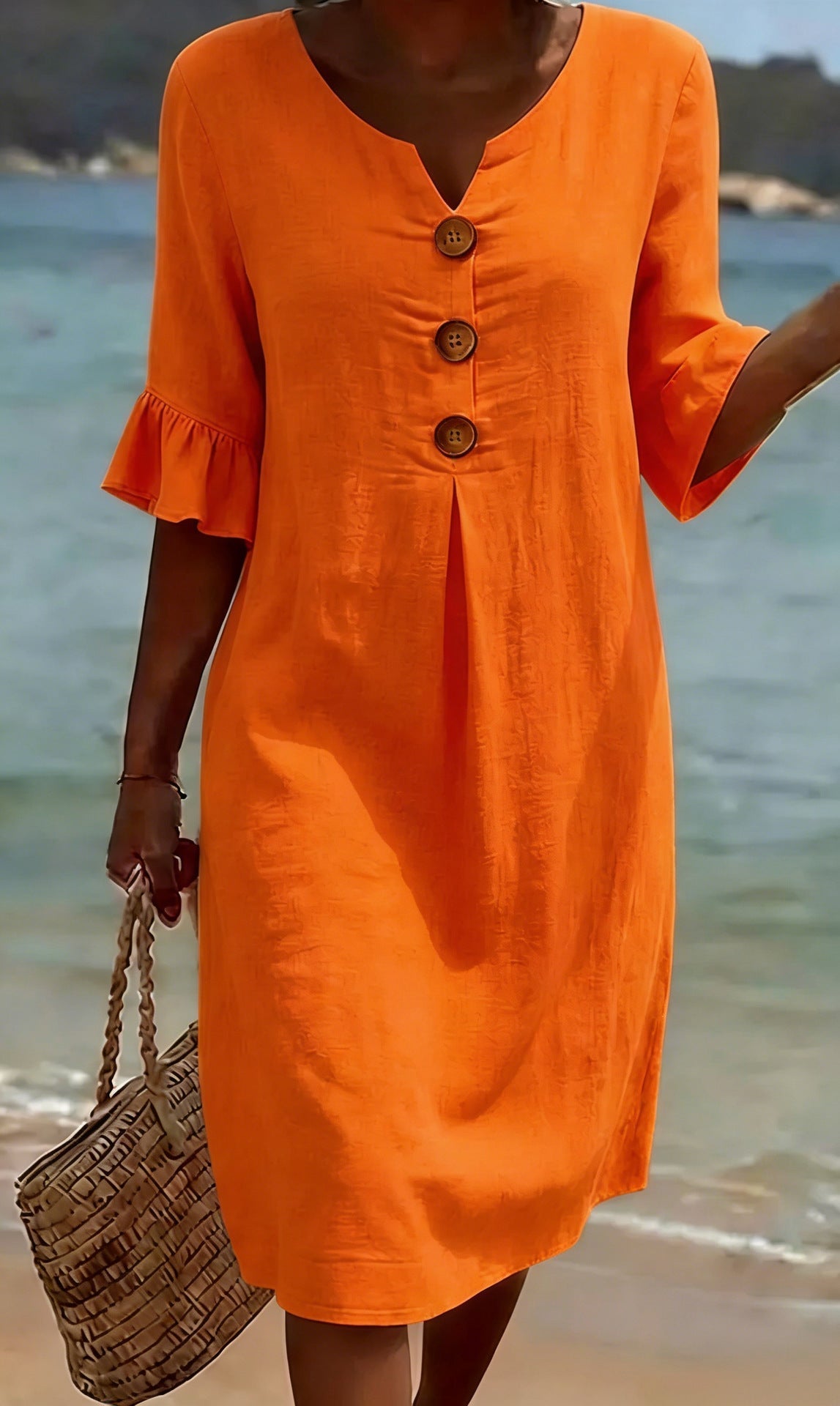Women Linen Blend Loose Midi Dress Button Front Short Sleeve - Image 6