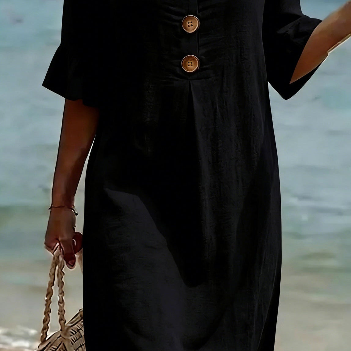 Women Linen Blend Loose Midi Dress Button Front Short Sleeve - Image 2