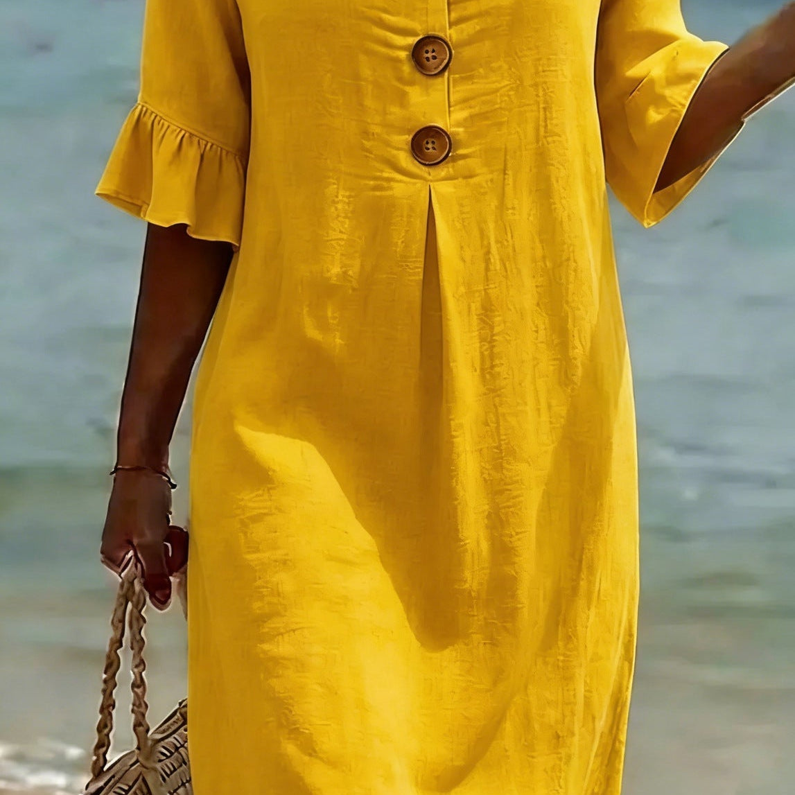 Women Linen Blend Loose Midi Dress Button Front Short Sleeve - Image 4