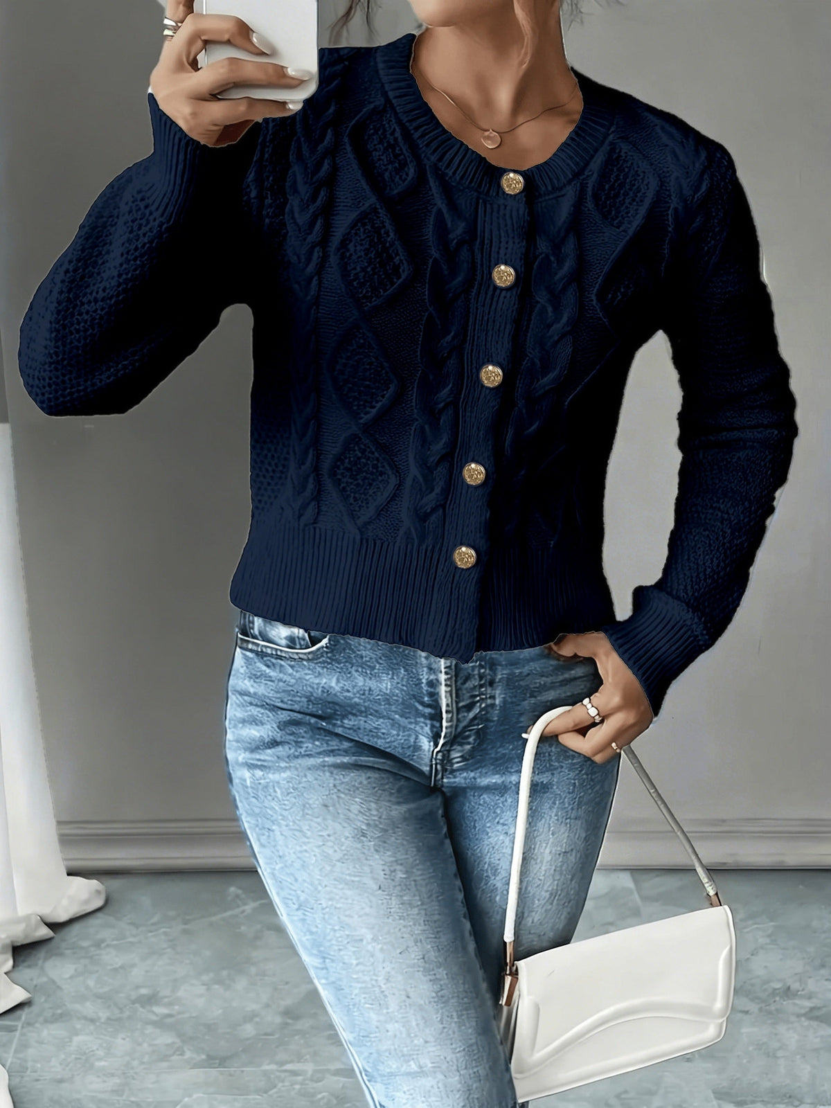 Damen Kabelstrick Strickjacke Knöpfe - Image 29