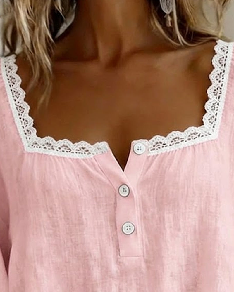 Damen Spitzenbluse Karree-Ausschnitt Puffärmel Baumwolle Leinen - Image 9