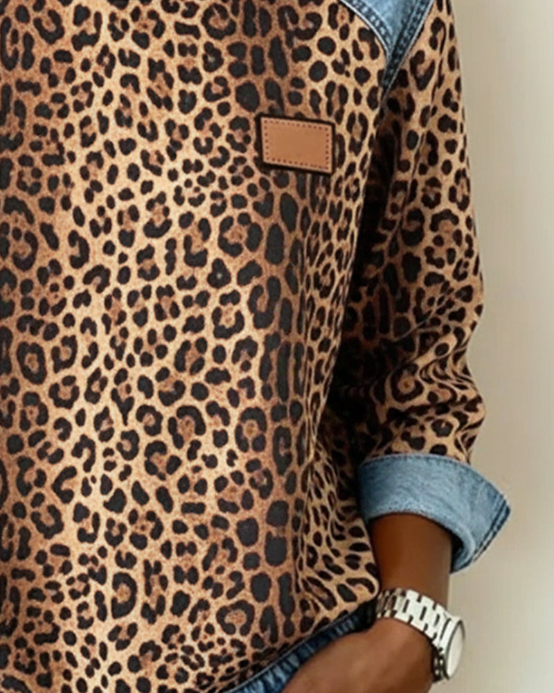 Damen Denim Leopard Print Sweater - Image 3