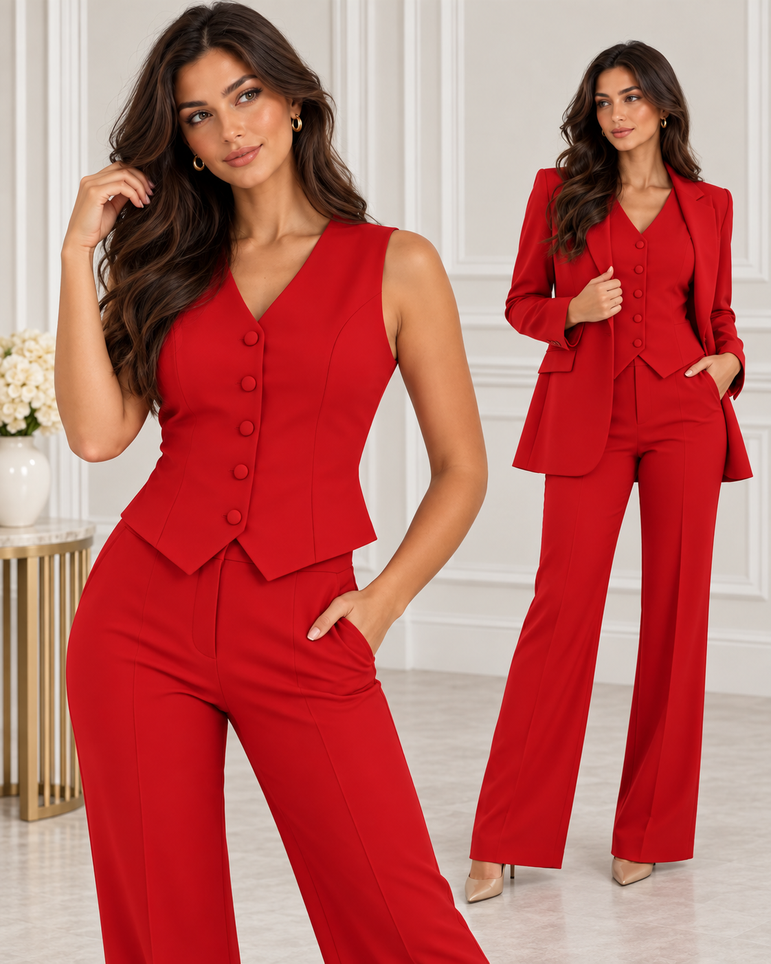 Damen 3 Teilig Anzugset Blazer Weste Hose - Image 3