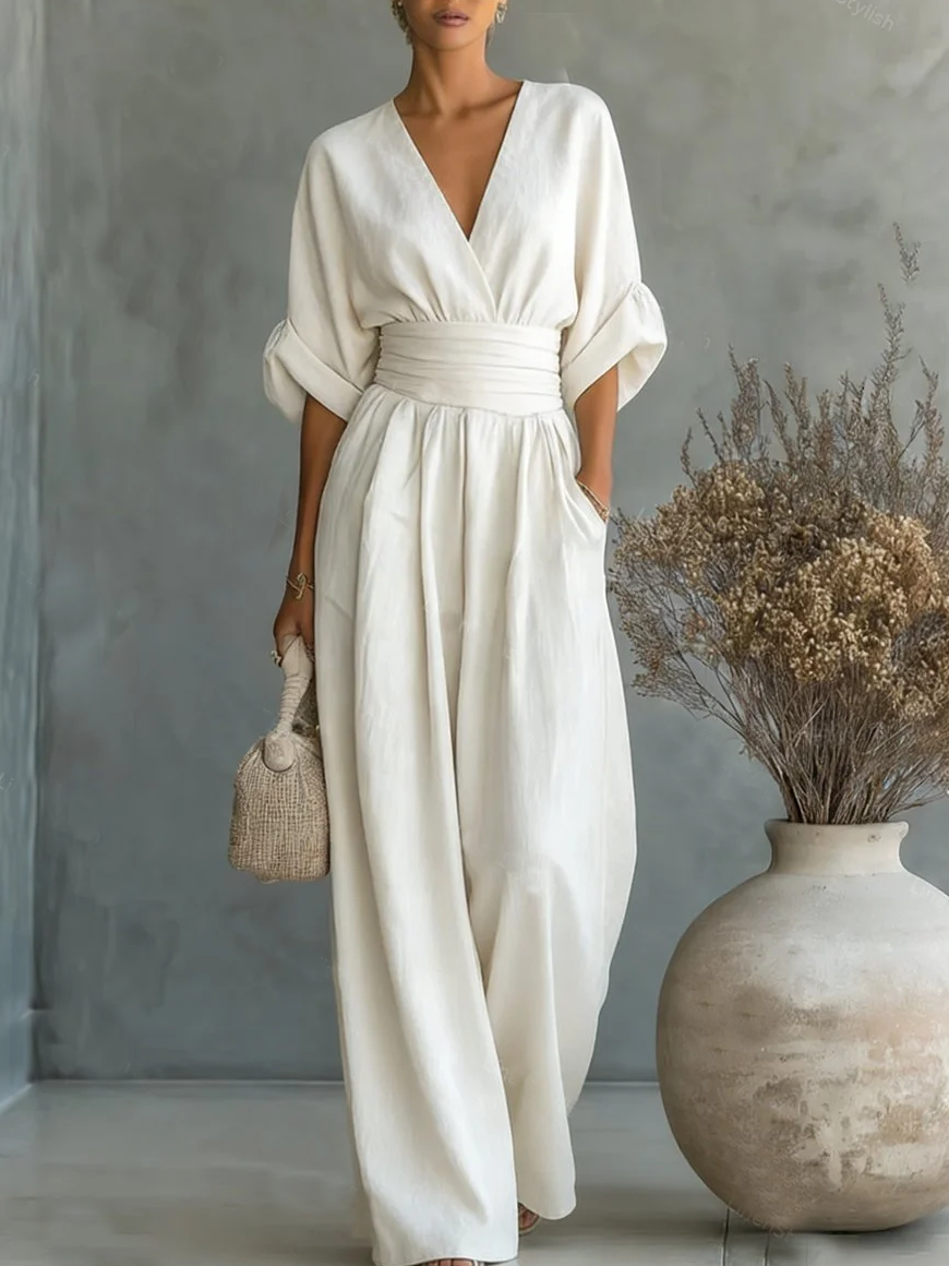 Women Flowy V Neck Wide Leg Jumpsuit