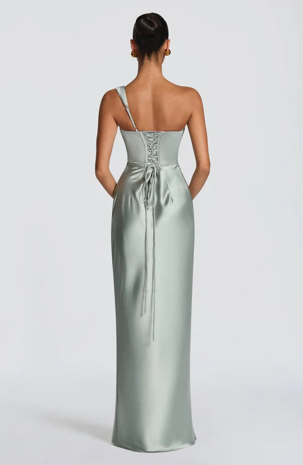 Damen Satin Maxikleid Ein-Schulter Korsett Abendkleid Lang - Image 11