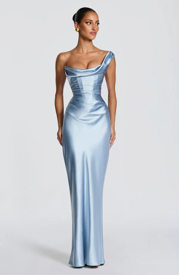 Damen Satin Maxikleid Ein-Schulter Korsett Abendkleid Lang - Image 15