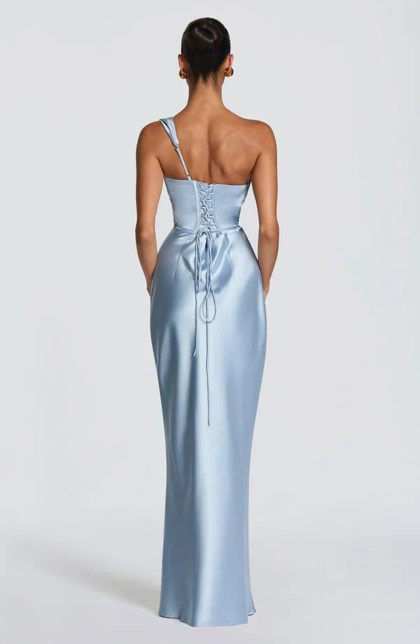 Damen Satin Maxikleid Ein-Schulter Korsett Abendkleid Lang - Image 13
