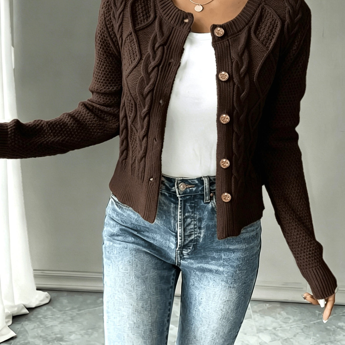 Damen Kabelstrick Strickjacke Knöpfe - Image 18