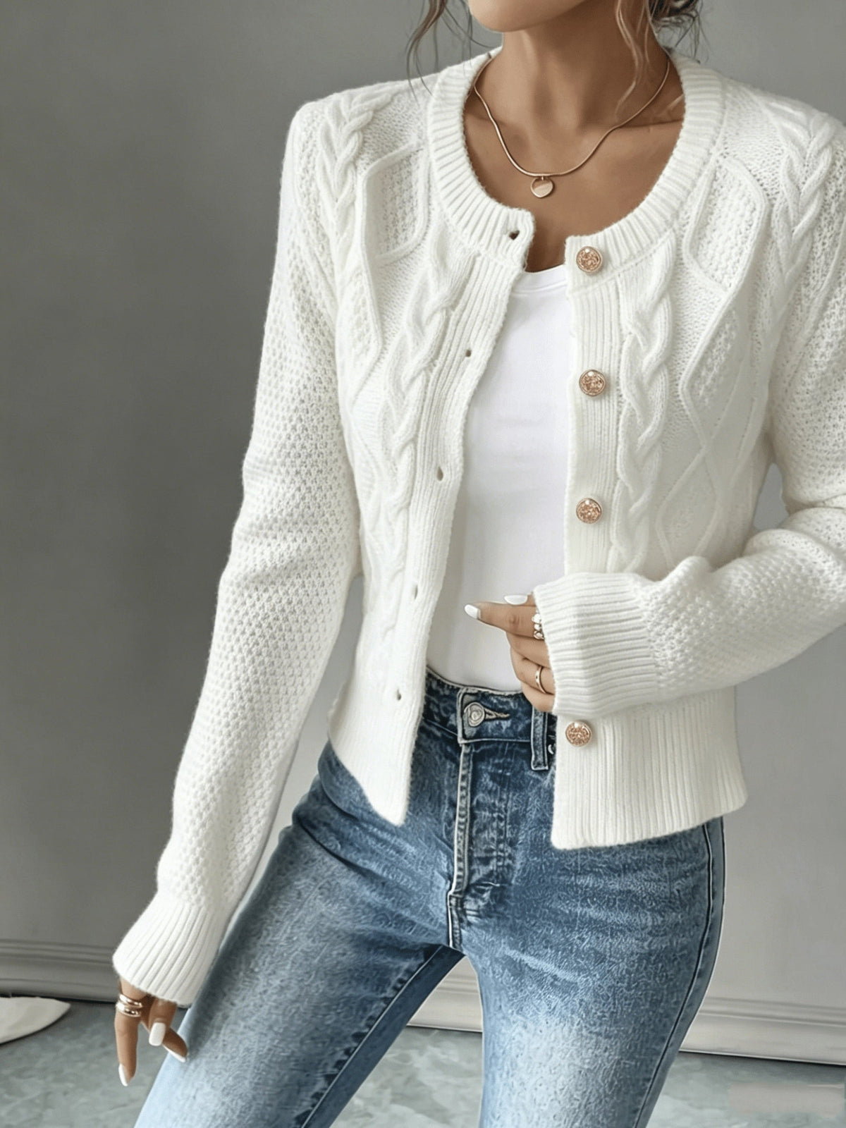 Damen Kabelstrick Strickjacke Knöpfe - Image 34