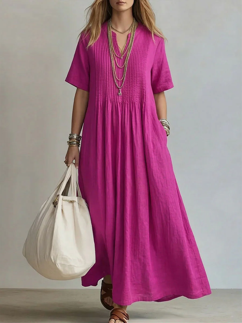 Damen Maxi Kleid V-Ausschnitt Kurzarm Fließend