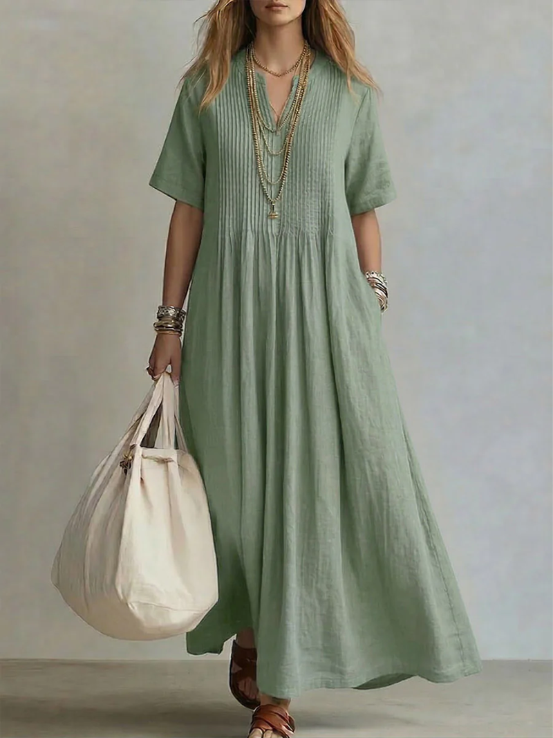 Damen Maxi Kleid V-Ausschnitt Kurzarm Fließend - Image 2