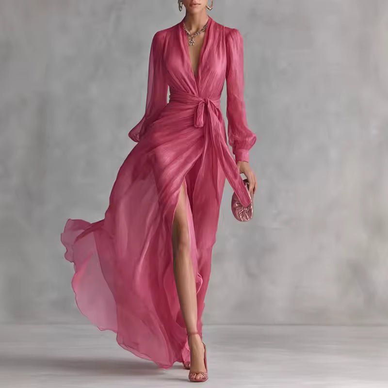 Women Belted Chiffon Maxi Dress V-Neck Long Sleeve Slit