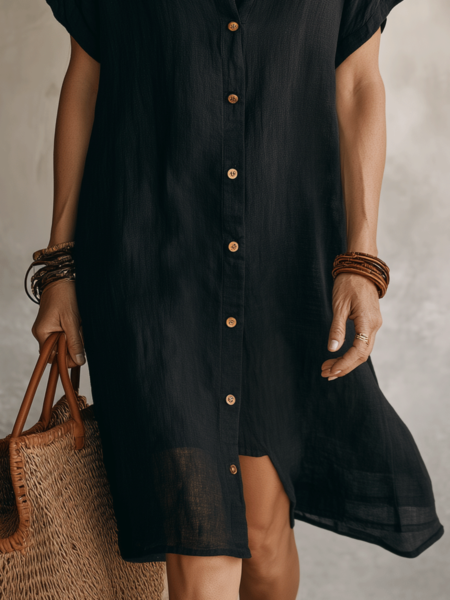 Damen Leinen Baumwolle Hemdblusenkleid Midi Kurzarm - Image 8