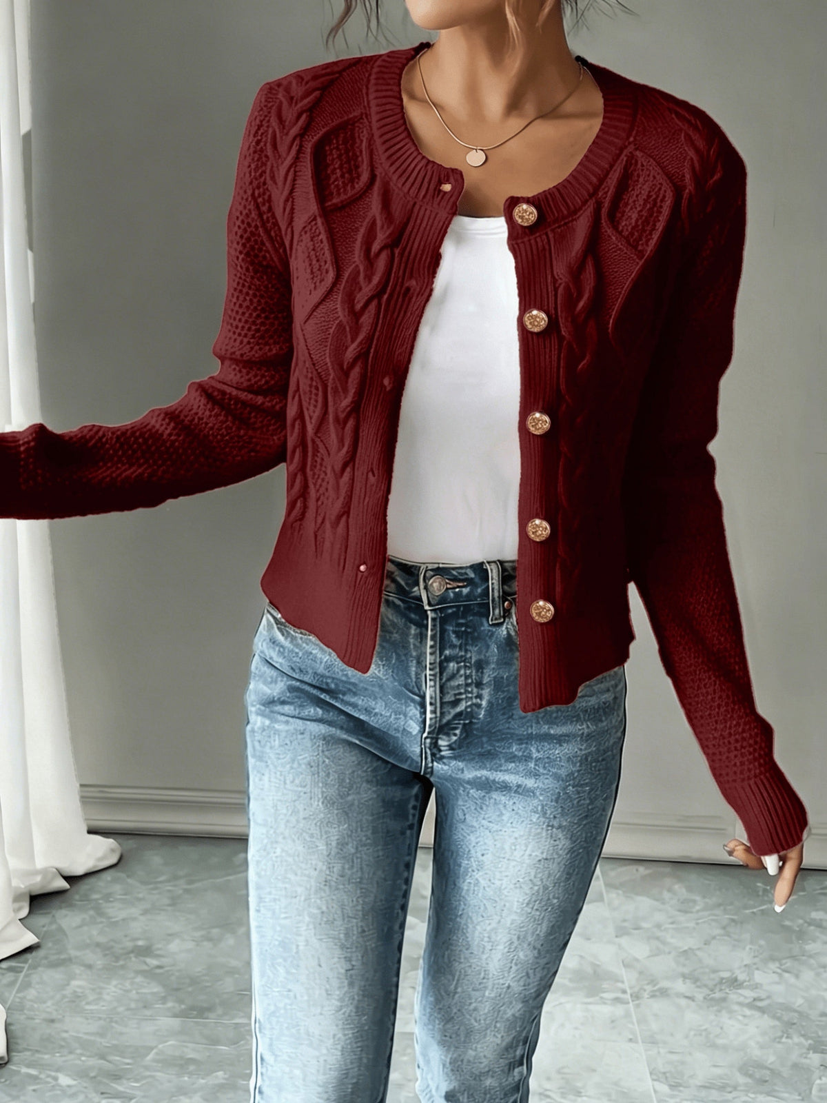 Damen Kabelstrick Strickjacke Knöpfe - Image 7