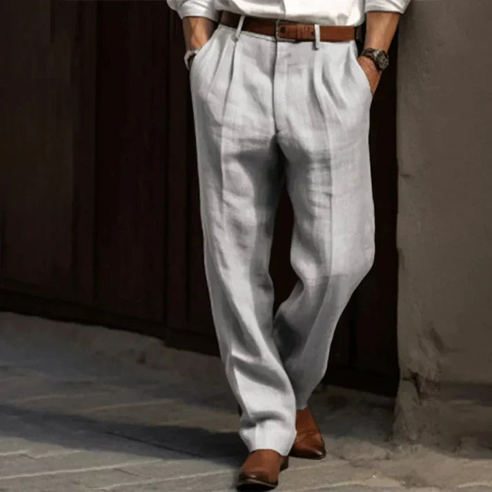 Herren Leinenhose Grau Bundfalten mit Gürtel